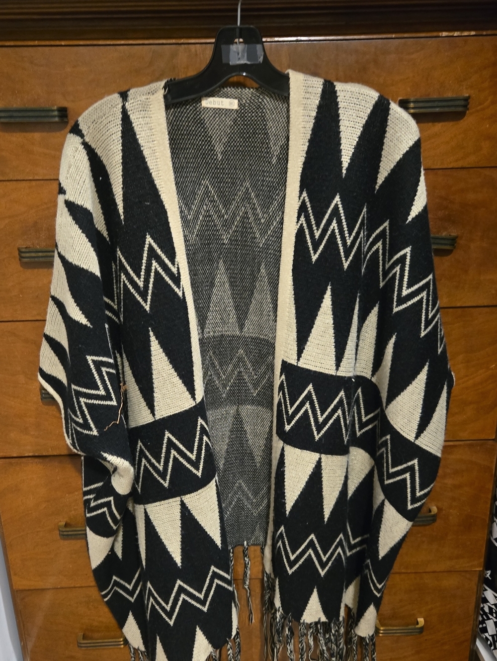 debut Black & Cream Aztec Open-Front Knit Poncho with Fringe